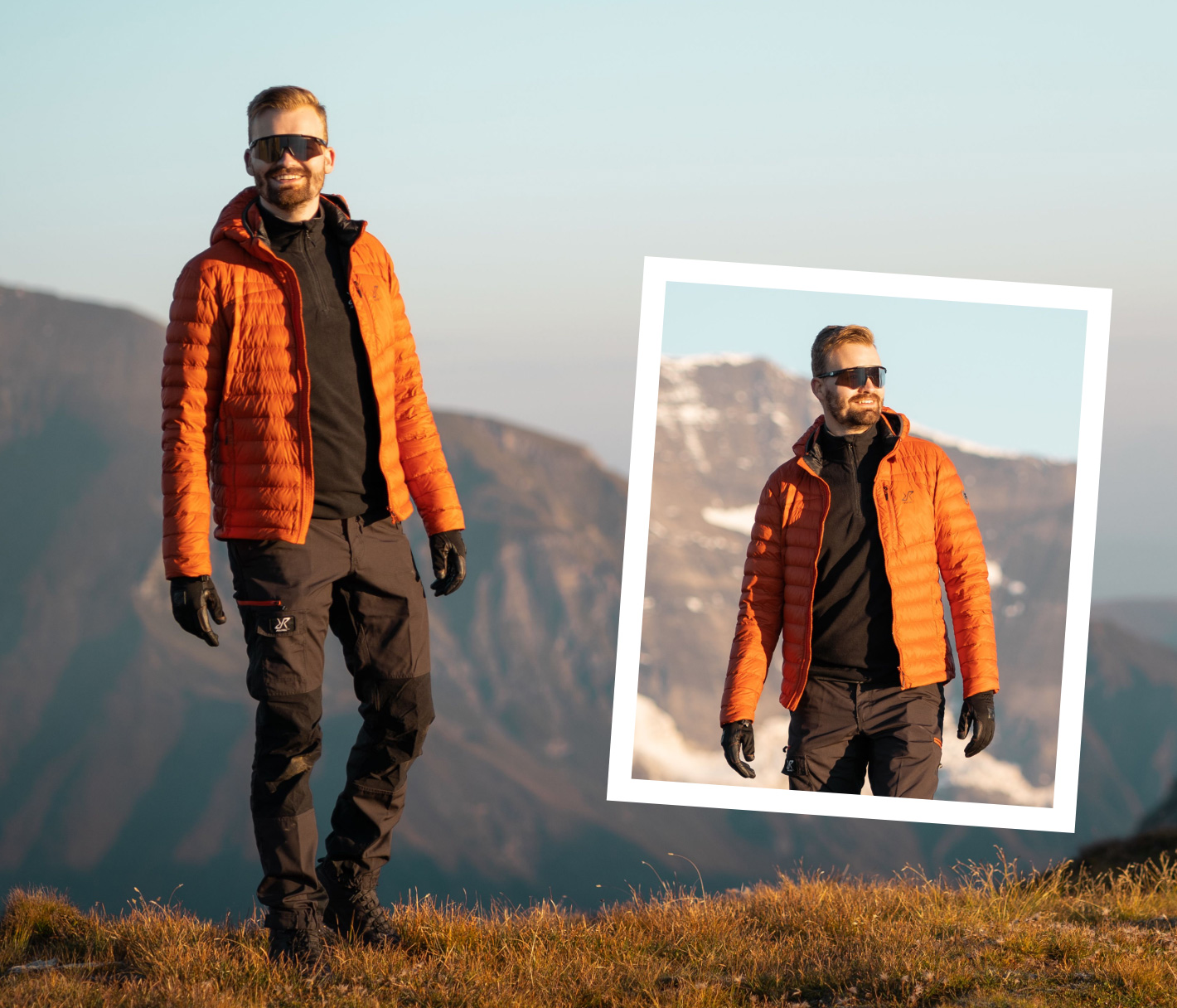 Hiker in the mountains with Trekker Fleece and Helium Down Jacket