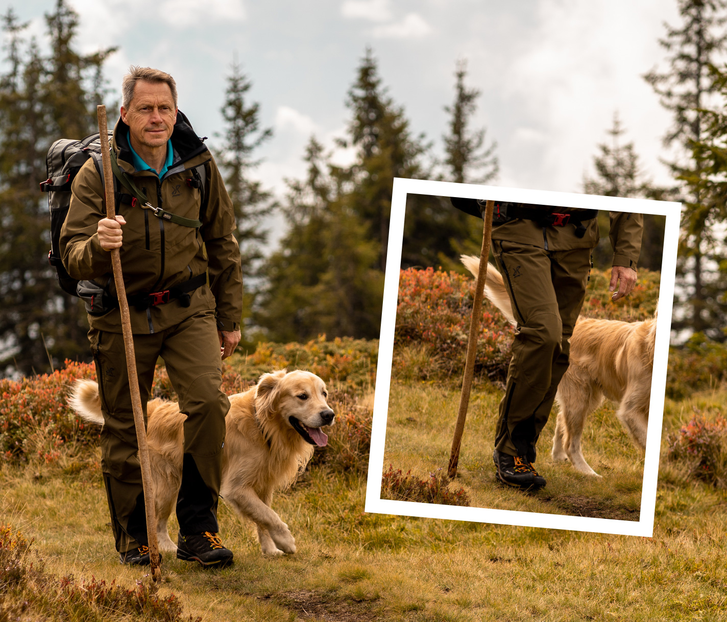 Hiker with water- and windproof Cyclone Rescue Jacket 2.0 and pants