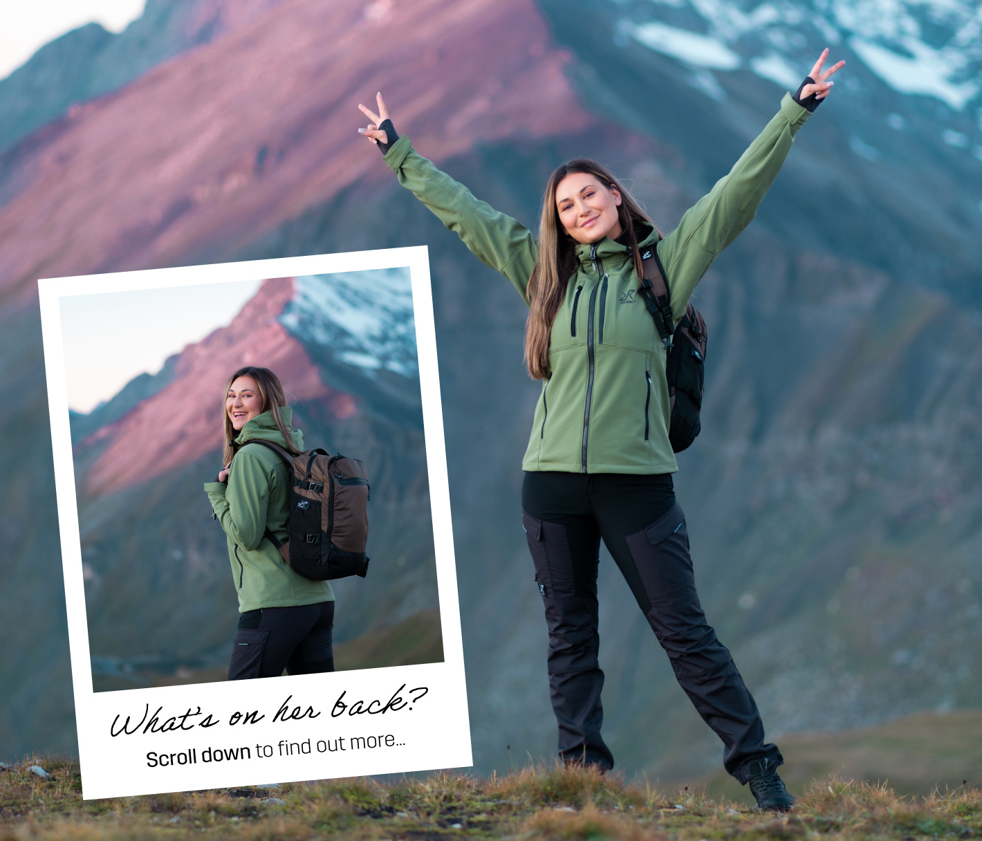 Female hiker with Pine Green Hiball Jacket